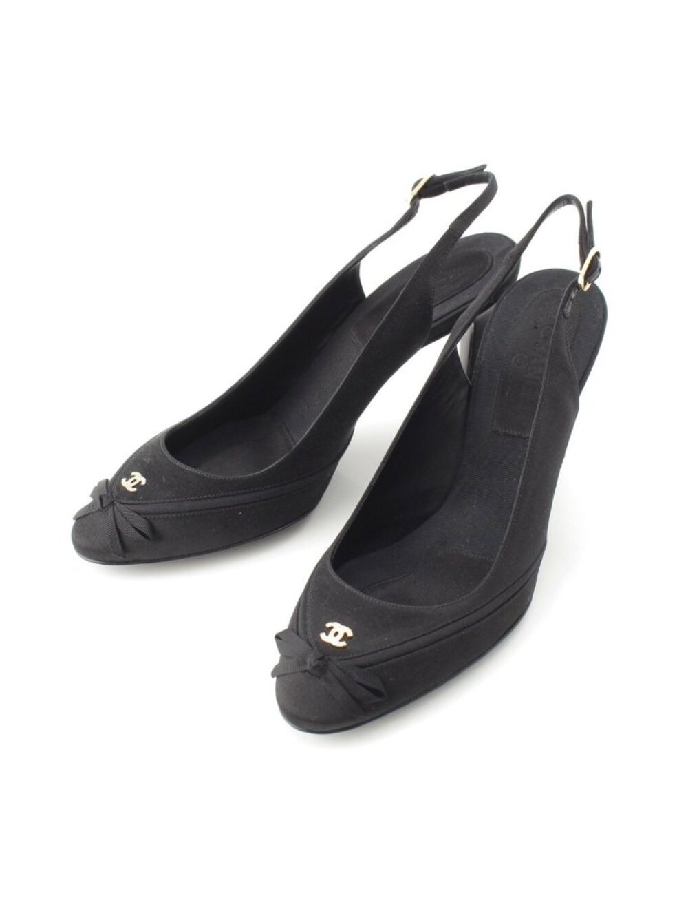 Chanel Satin Slingback CC Logo Rhinestone Mules Black 37c